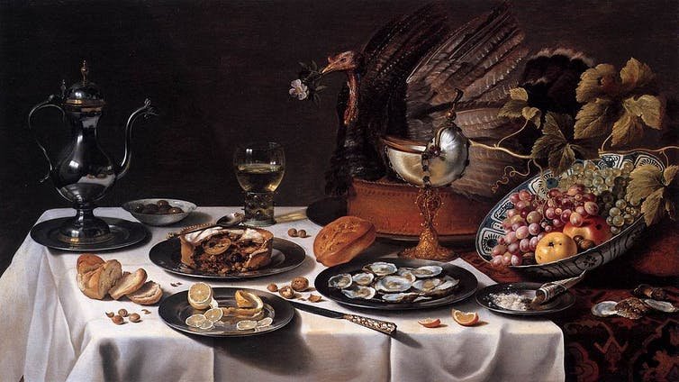 Dutch painter Pieter Claesz&rsquo;s Still Life with Turkey Pie (1627) features a cooked turkey that&rsquo;s been placed back inside its original skin, feathers and all. Wikimedia Commons