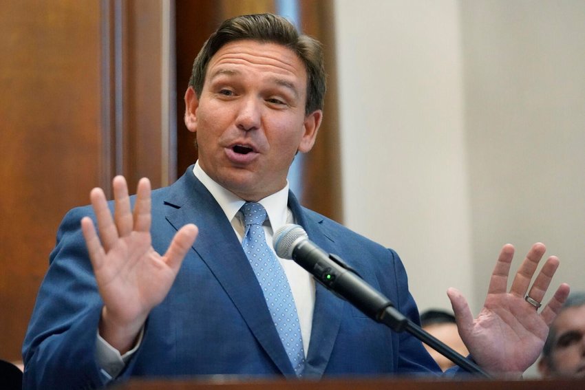 Florida Gov. Ron DeSantis gestures as he speaks, Monday, June 14, 2021, at the Shul of Bal Harbour, a Jewish community center in Surfside, Fla.  AP Photo/Wilfredo Lee