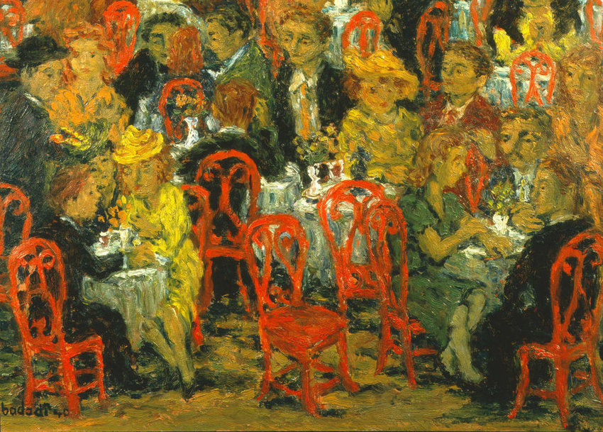 A painting of a cafe with tables and people closely packed together.