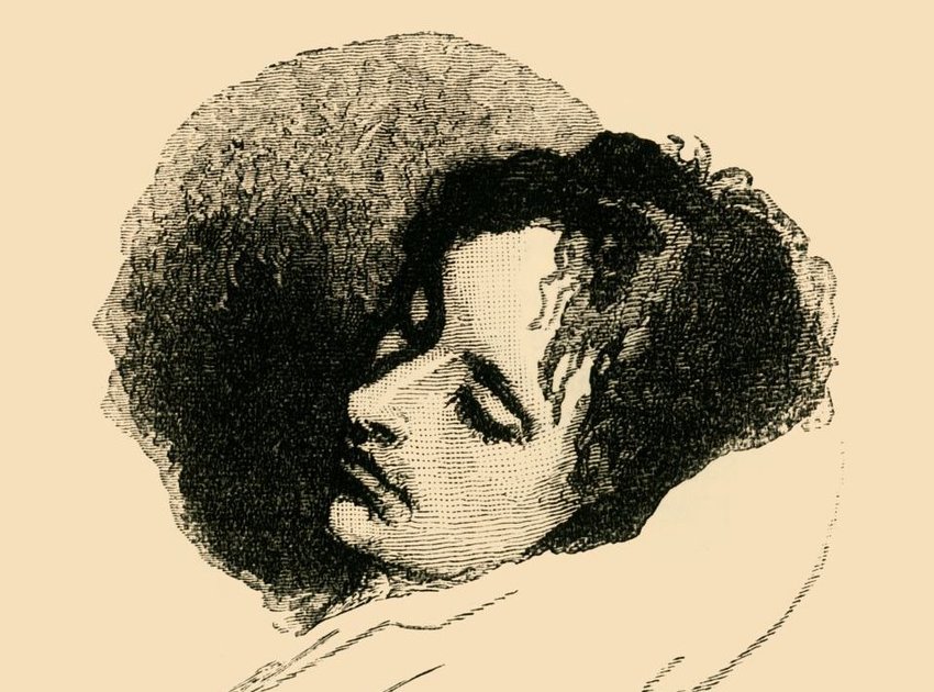 A drawing of John Keats with his eyes closed.
