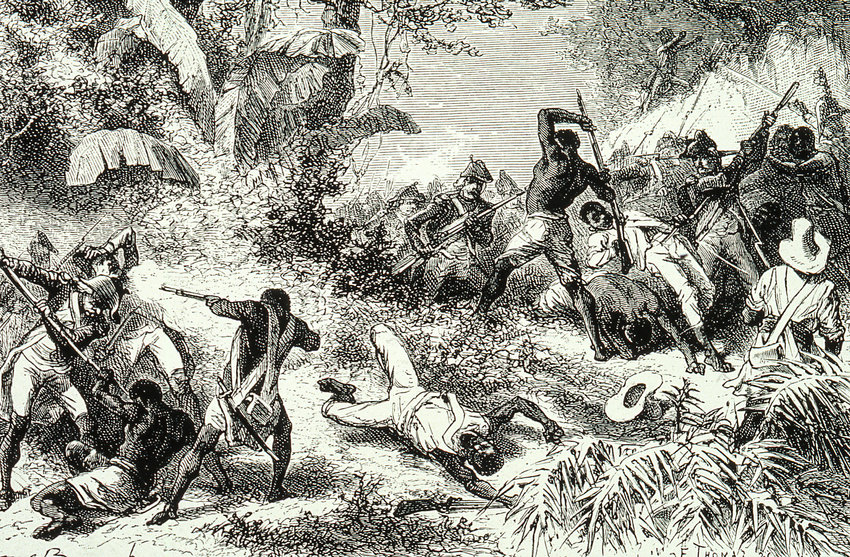 A 1791 depiction of fighting between French troops and Haitian revolutionaries.