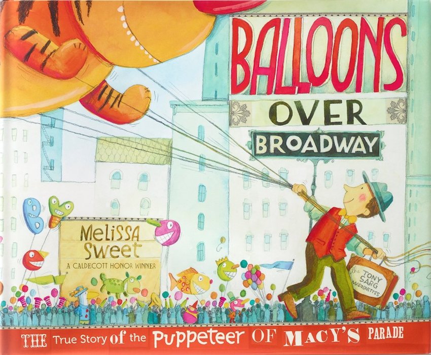 Children's book cover with man holding strings to parade balloon