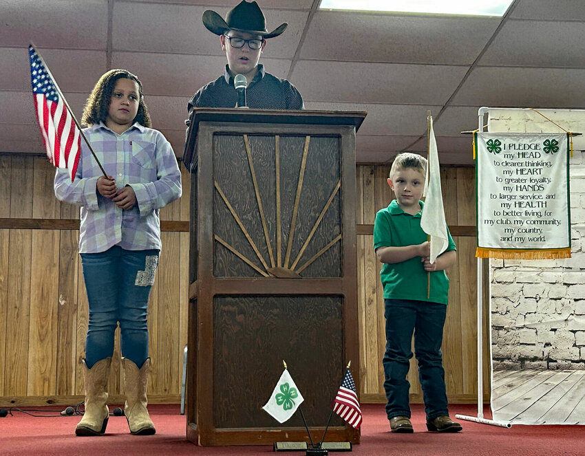 Leya Crawford (from left), Austin Evans and Wyatt Duggins present the colors at the annual Baxter County 4-H 2023 Awards and Recognition Banquet held Thursday at the Baxter County Fairgrounds.


Caroline Spears/The Baxter Bulletin