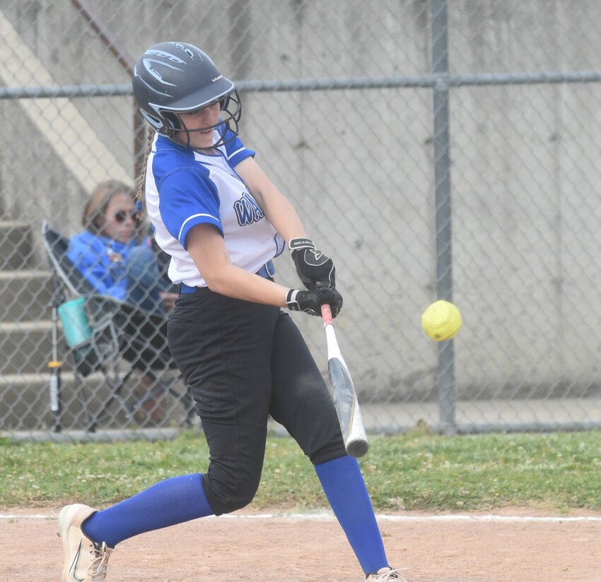 Cotter freshman Paige Meis bashes a double during the Lady Warriors' 11-1 win over Flippin on Friday night.