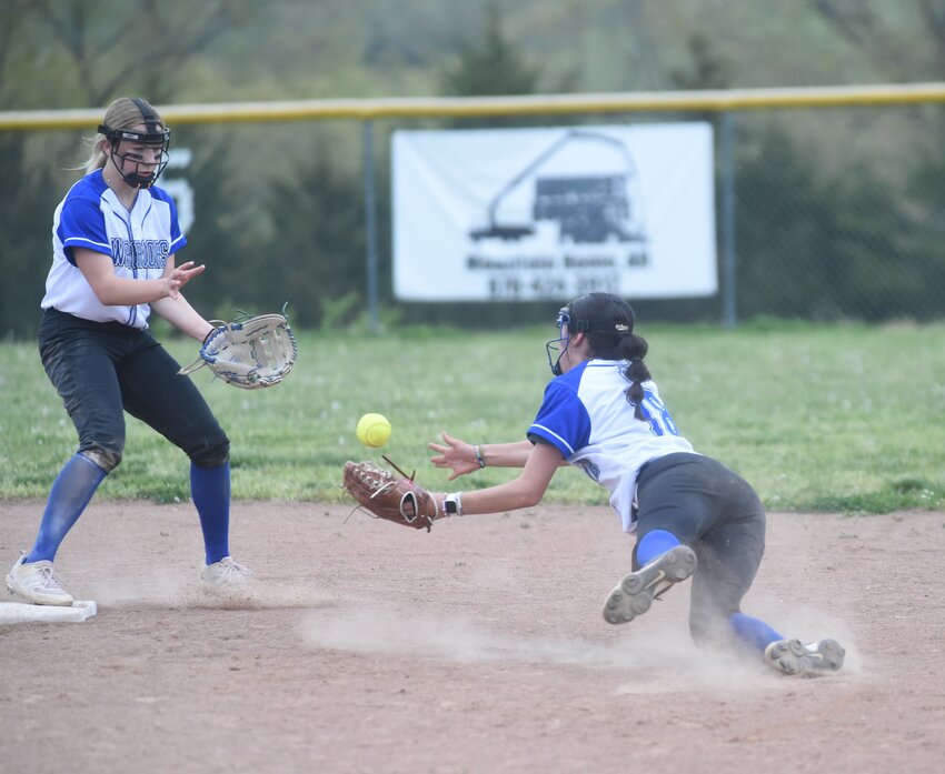 Cotter's McKenna Collins flips to shortstop Gracyn Jackson for an out during a recent home game.