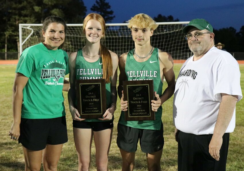 Yellville-Summit's KJ Moore and Kobyn Hubbard, pictured with coaches April Martin and Charlie Melton, won the individual high-point awards, each leading their teams to the 2A-1 District championships on Wednesday at Eureka Springs.