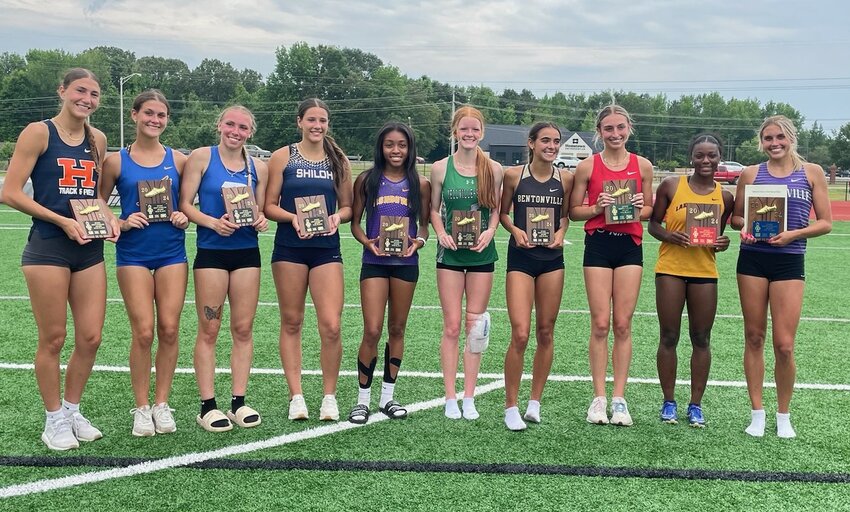 Yellville-Summit's KJ Moore (sixth from left) placed fifth, and Mountain Home's Ali Czanstkowski (second from left) placed ninth at the state heptathlon held Wednesday and Thursday at Searcy.