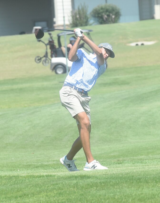 Mountain Home's Cody Cormican tees off earlier this week at Big Creek Golf & Country Club. Cormican shot 69 to lead the Bombers to their second tournament championship Thursday at Jonesboro.