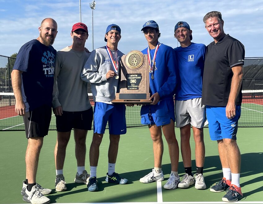 Mountain Home's boys tennis team captured the Class 5A State championship Tuesday at Searcy. Pictured are (from left) head coach Skyler King, Noah Recktenwald, doubles champions Pierce Blackmon and Finley Chafin, Landon Horne, and assistant coach Grant Talbot. Members of the team not pictured are: Strat Rucker, Stratton Smith, Max Goodwin, Anthony Jones, Chandler Jones, Nathan Mooney, and Tyler Webb.