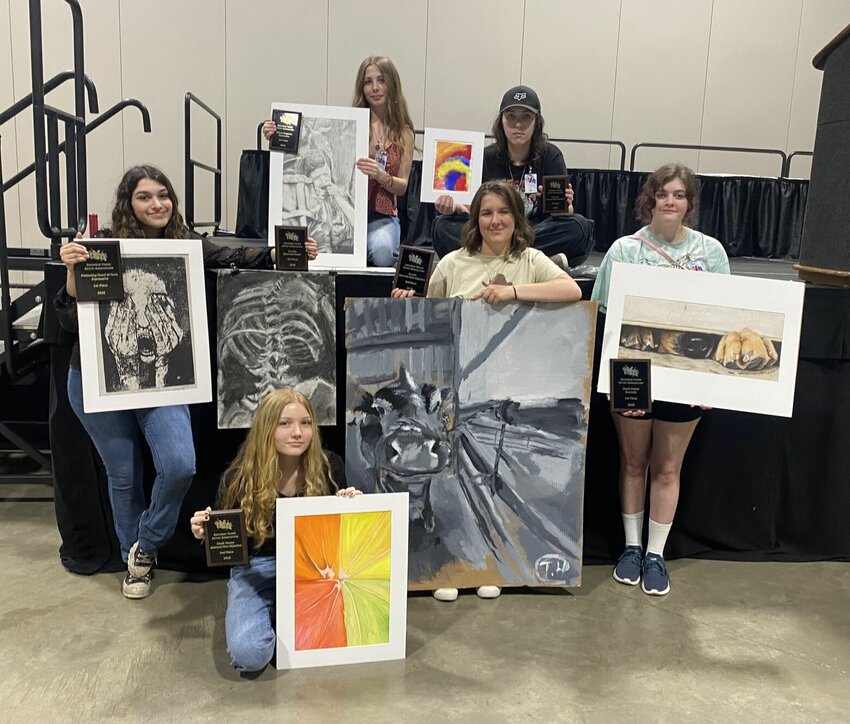 Flippin High School art Students who recently achieved high awards at the Arkansas Young Artist Association State Art Competition and Convention in Hot Springs are Bella Klesner, second in chalk pastel abstract; Iris Franco, first, in printmaking all forms and third in onsite charcoal; Taylor Henley, third in acrylic abstract; Chloe Wagner, first in pastel realistic; Tru Amerson, second in pencil expressive; and Mackenzie Lane, third in tempera abstract. 


Submitted Photo