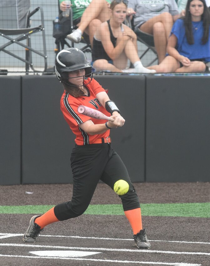 Viola's Anna Tankersley chops a ground ball during the Lady Longhorns' loss to West Side Greers Ferry on Friday in the Class 1A State Tournament.