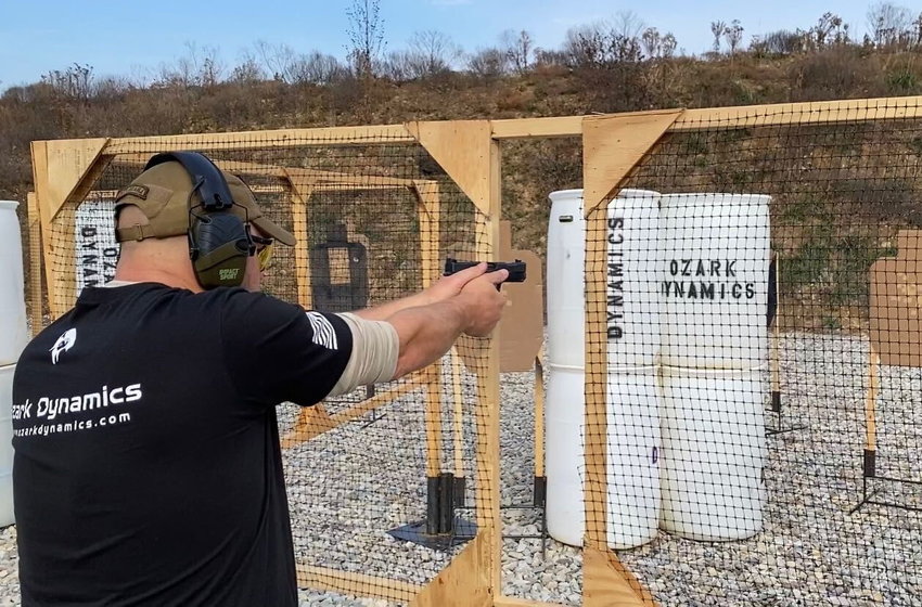 Dirk Waldrop, the founder of Ozark Dynamics, takes aim at a target on the facility's firing range.   Submitted photo
