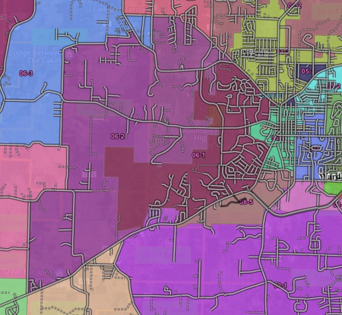 This map provided by the Baxter County Clerk's Office shows the county's 6-2-1 precinct in light purple.
