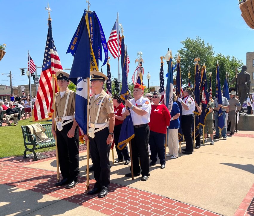 Color Guards from various military organizations lined up on Monday morning in preparation to Post their Colors as part of the annual Memorial Day commemoration on Plaza 2000 in downtown Mountain Home.   Helen Mansfield/The Baxter Bulletin