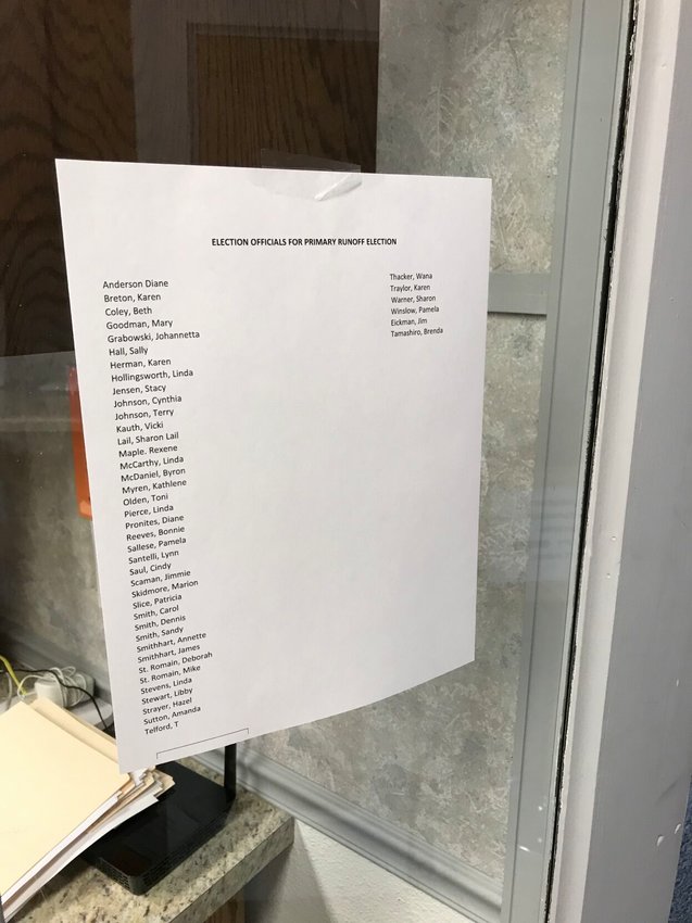 A list displaying the names of election officials and poll workers for the June 21 runoff election is posted on the door to the Baxter County Clerk's Office. Early voting for the runoffs begins on Monday.   Scott Liles/The Baxter Bulletin