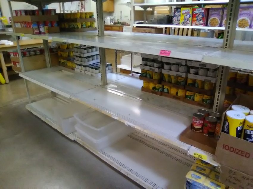 The shelves for pasta, noodles, pasta sauce and fruit at the Mountain Home Food Basket have been hit hard and are showing bare spots as need for food is increasing during these turbulent times of supply chain issues and rising inflation.   Submitted Photo
