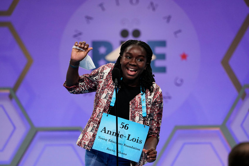 Annie-Lois Acheampong, 13, from Accra, Ghana, reacts during the Scripps National Spelling Bee, Tuesday, May 31, 2022, in Oxon Hill, Md. (AP Photo/Alex Brandon)