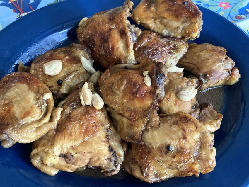 Chicken Adobo, the national dish of the Philippines, is stewed chicken thighs in a briny, gravy-like sauce.      Linda Masters/The Baxter Bulletin
