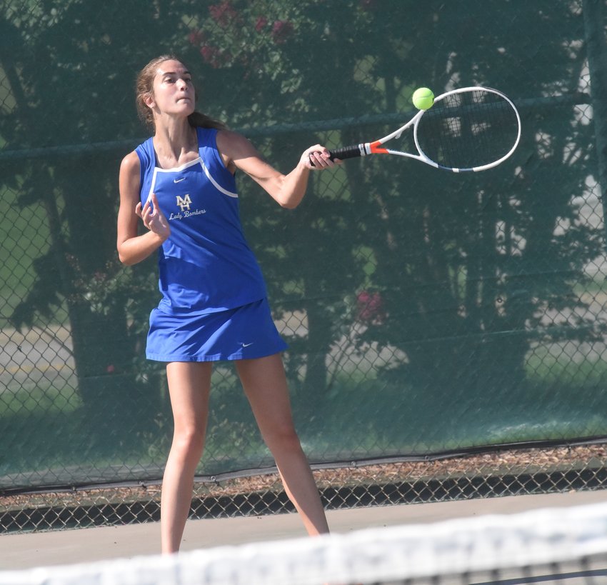 Mountain Home's Macie Heide returns a shot Thursday during her singles victory against Harrison at Mountain Home Athletic Club.