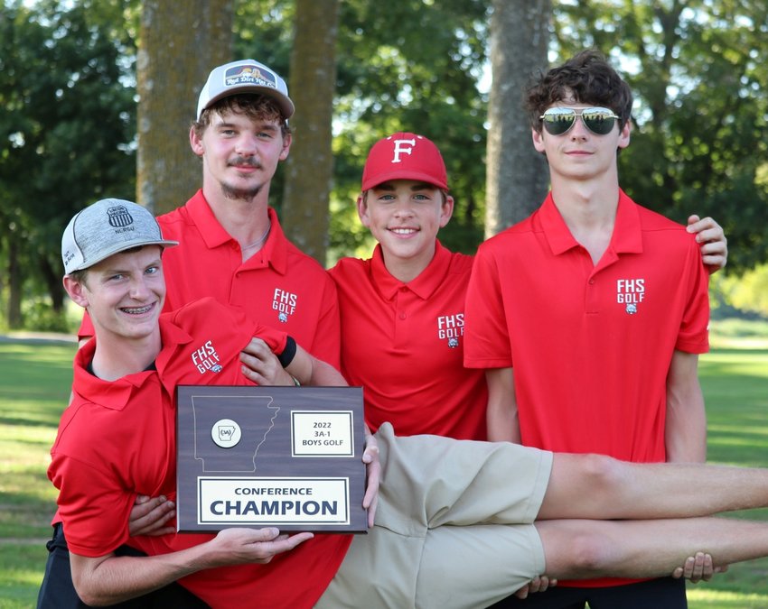The Flippin Bobcats won the 3A-1 District golf championship Tuesday at The Creeks Golf Course in Cave Springs, defeating Valley Springs by 1 stroke. Members of the team are Cody Downs, Gabe Davis, Hudson Lindsey, Kole Rogers and coach Aaron Lindsey.