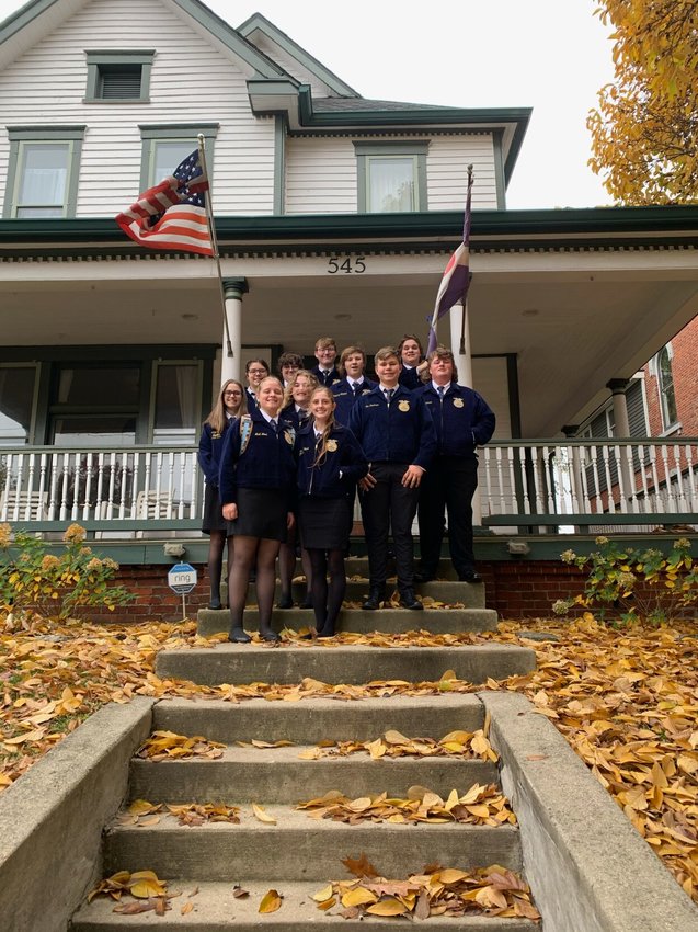 Officers of the Cotter FFA Chapter took time out of their schedule while at the FFA National Convention in Indianapolis to take this group photo. Officers for the 2022-23 school year include President Madi Wood, Vice President Ethan Wood, Secretary Tenley Wood, Treasurer Calli Dilbeck, Reporter Abby McLean, Sentinel Taylor Johnson, Junior Advisor Olin Davidson, Historian Wyatt Black, Parliamentarian Hunter Cordell and Green Hand Representative Jayden Dutcher.   Submitted Photo