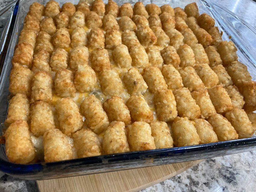 Tater Tot Hotdish is a nostalgic comfort food which originated in the upper Midwest. The tasty entr&eacute;e has a bed of crunchy tater tots with cheesy and meaty filling underneath.   Linda Masters/The Baxter Bulletin