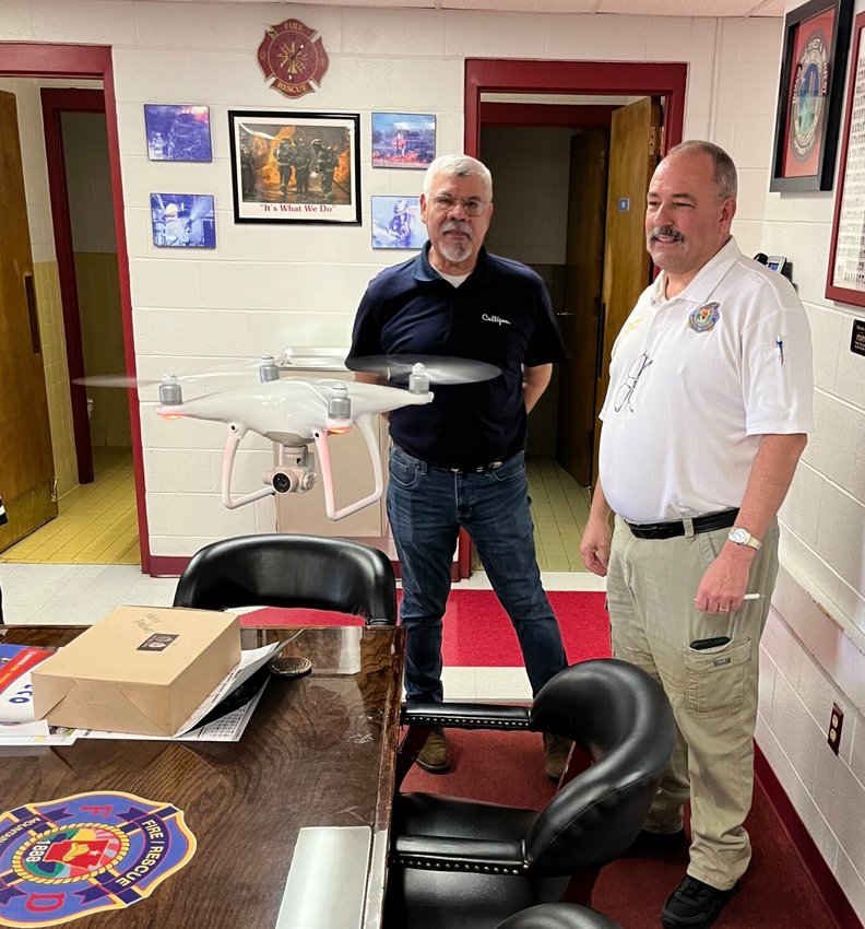 On Monday afternoon, Herbie Swearingen &mdash; Mountain Home&rsquo;s local &quot;Culligan Man&rdquo; &mdash; along with his wife Nita Swearingen and one of his employees, who is a drone enthusiast, stopped by the Mountain Home Fire Department to donate the department a refurbished drone.   Helen Mansfield/The Baxter Bulletin