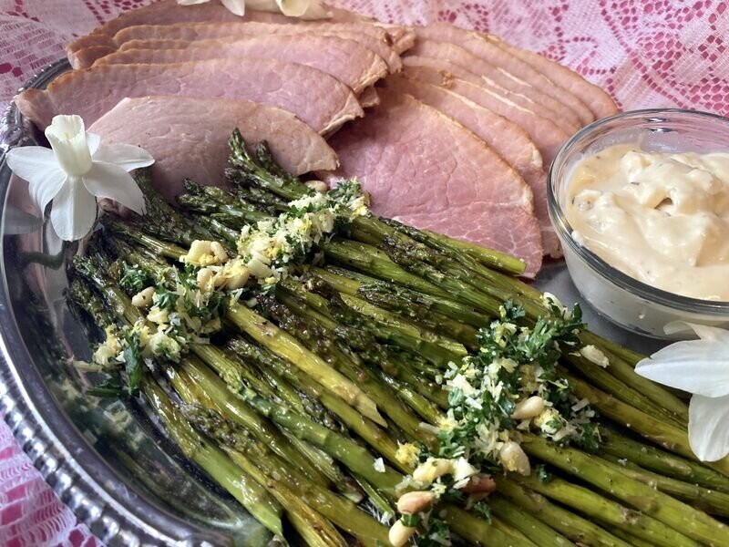 Easter Ham with Creamy Mustard Sauce is shown with Roasted Asparagus with Gremolata.   Linda Masters/The Baxter Bulletin