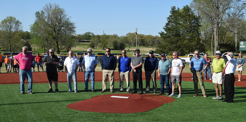 During the opening ceremony for the revamped Clysta Willett Park in Mountain Home, Mayor Hillrey Adams recognized a group of volunteers who helped develop the park's original baseball complex. Attending were: Don Webb, Lester White, Rocky Fratesi, Danny Keeter, Ron Czanstkowski, Mitch Huskey, Earl Blasdel, Gary Pitts, Alfred Dewey, Kenny Gipson, Brad Morris, Roger Morgan, Lewis Barnes and Ted Sanders.   Sonny Elliott/The Baxter Bulletin