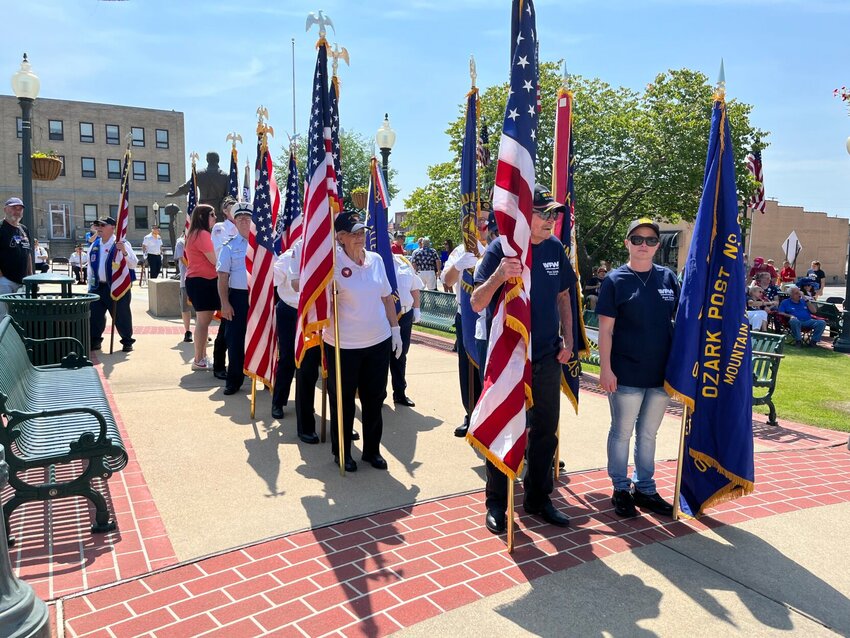 Members of the various veterans organizations serving Baxter County were on hand Monday to post the colors as part of the annual Memorial Day commemoration at Veterans Plaza 2000 in Mountain Home, sponsored by the North Central Arkansas Veterans Council.   Helen Mansfield/The Baxter Bulletin