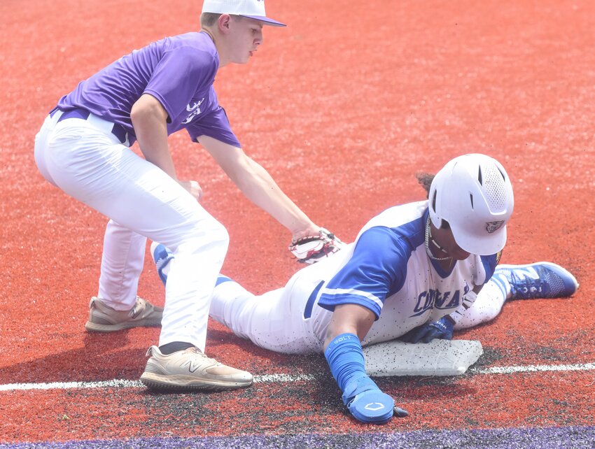 North Central Arkansas third baseman Mason Sinclair tags Conway's Kyler Spencer on Thursday in state tournament play at Conway.