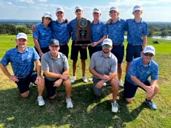 The Mountain Home Bombers finished as state runners-up at the Class 5A State golf tournament held Monday at Alma. Members of the team are: (front row, from left) coaches Nick Coleman, Dell Leonard, Scott Sherry, Andy Wescoat; (back row) players Lincoln Sherry, Jack Coleman, Cody Cormican, Ian Ellison, Chace Berwald and Jake Brashears.
