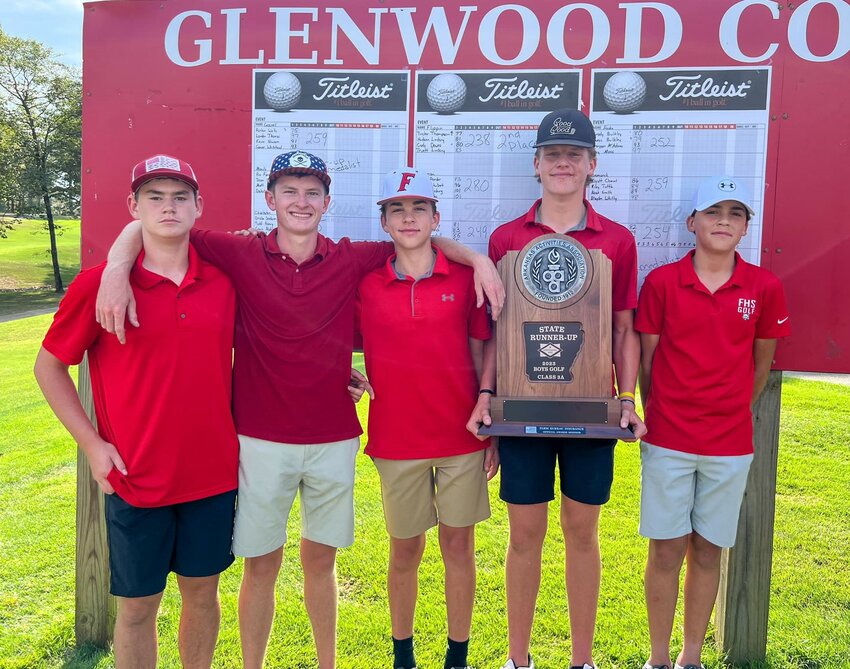 The Flippin Bobcats finished as Class 3A State runners-up Monday at Glenwood Country Club. Members of the team are: (from left) Peyton Moore, Cody Downs, Hudson Lindsey, Tucker Thompson and Truett Lindsey. The team is coached by Aaron Lindsey.