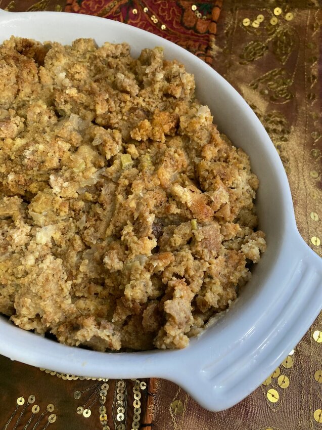 Slow Cooker Cornbread Dressing can be made in advance, frozen, thawed and cooked on Thanksgiving Day in a slow cooker to free up the oven for the turkey and other sides.   Linda Masters/Baxter Bulletin