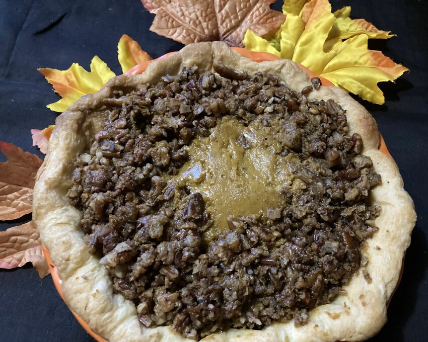 Praline Pumpkin Pie combines a smooth pumpkin filling with the crunch of praline pecans.   Linda Masters/Baxter Bulletin