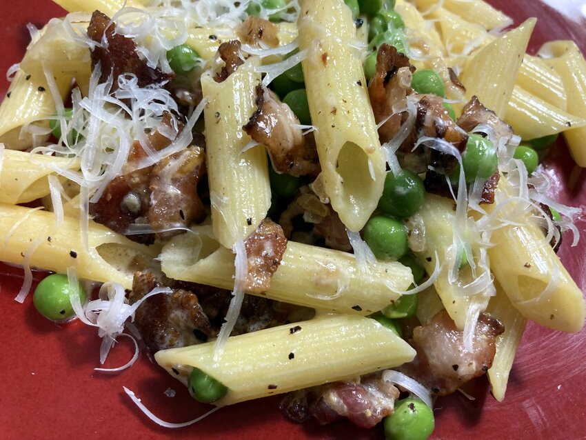 In Penne with Bacon and Peas, crispy bacon, pasta and peas combine in less than 30 minutes for a quick and easy winter meal.&nbsp;&nbsp;   Linda Masters/Baxter Bulletin