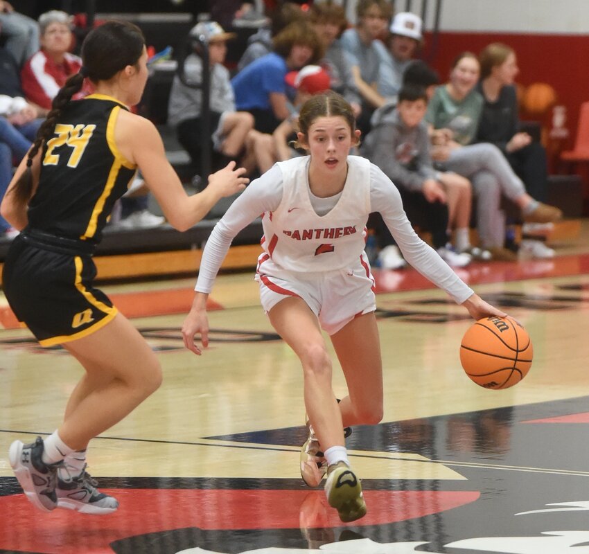 Norfork's Keely Blanchard brings the ball upcourt against Quitman during a recent home game. Blanchard scored 20 to lead the Lady Panthers to the 1A-2 District championship on Saturday.
