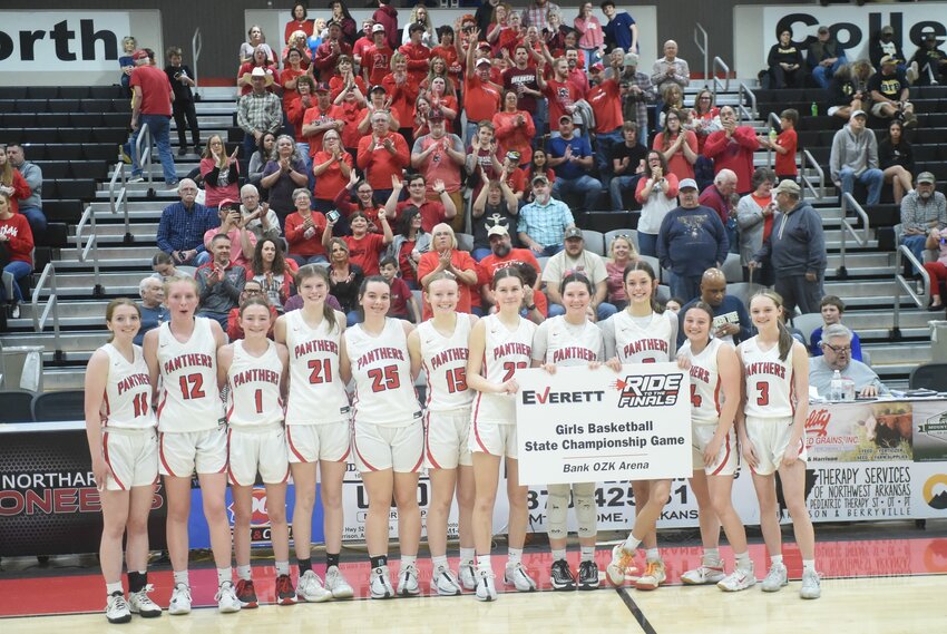 Norfork players celebrate their state semifinal win in front of their fans on Saturday at Harrison. The Lady Panthers will play Saturday in the Class 1A State championship game for the fourth consecutive season.