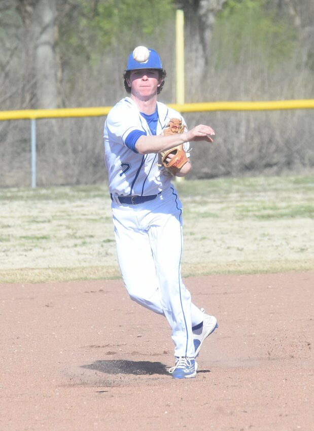 Cotter shortstop Kolby Vinson throws to first for an out during a recent game at Yellville.