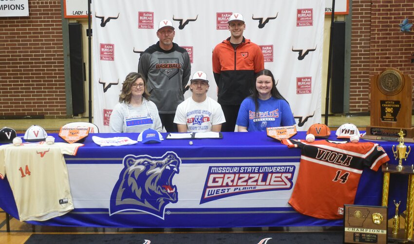 Viola's Braden Williams signed Wednesday his letter of intent to play baseball next season at Missouri State University-West Plains. Pictured are (front row, from left) Tara Williams, Braden Williams, Braidlyn Fierce, (back row) Viola head coach Rick Luna, and assistant coach Cody Divelbiss.