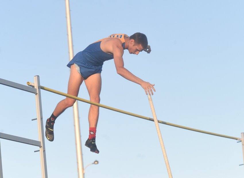 Mountain Home's Zach Daugherty competes in the pole vault at the Bombers' recent home meet. Daugherty was one of six first-place finishes for the Bombers on Wednesday at the 5A-West Conference meet.