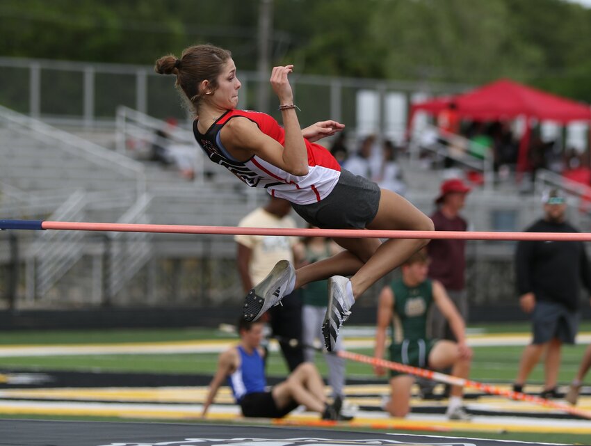 Norfork's Keely Blanchard clears the bar during high jump competition Monday at the Class 1A State track and field meet in Quitman.