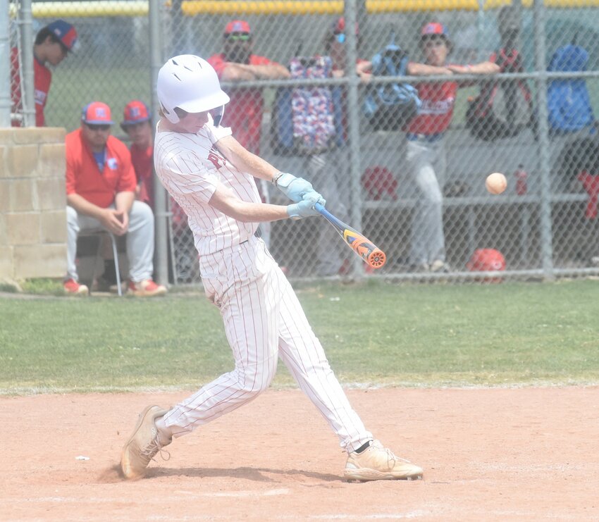 Norfork's Maddex Chism connects for a double during the Panthers' 5-3 win over Hillcrest in the 1A Region 2 tournament on Saturday at Marked Tree.
