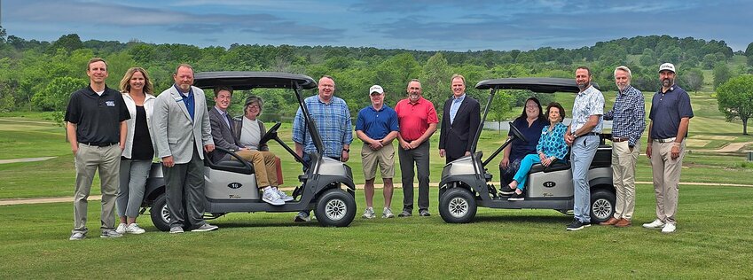 Ready for the upcoming Mountain Home Charity Golf Classic are (from left) Jessie Parnell, ASC Warranty/Route 66 Extended Warranty; Margaret Hodges, Hodges Marine; Dr. Bentley Wallace, ASUMH chancellor; Wyatt Gilbert, Todd Gilbert Insurance; Christy Keirn, ASUMH; Clint Czeschin, Yelcot; Brent Edens, Edens Turf; Layton Lee, Arvest Bank; Ron Peterson, Baxter Health; Sara Zimmerman, Yelcot; Robin Hawkins, KTLO; Eric Lunnen, Anstaff Bank; Vernon Dewey, Ultimate Auto Group; and James Stanofski, Big Creek Golf &amp;amp; Country Club.   Submitted Photo