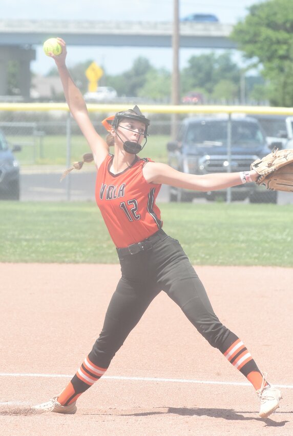 Viola's Haylee Crotts pitches during regional tournament action. The Lady Longhorns fell 10-2 to Scranton in the first round of the Class 1A State tournament on Thursday.