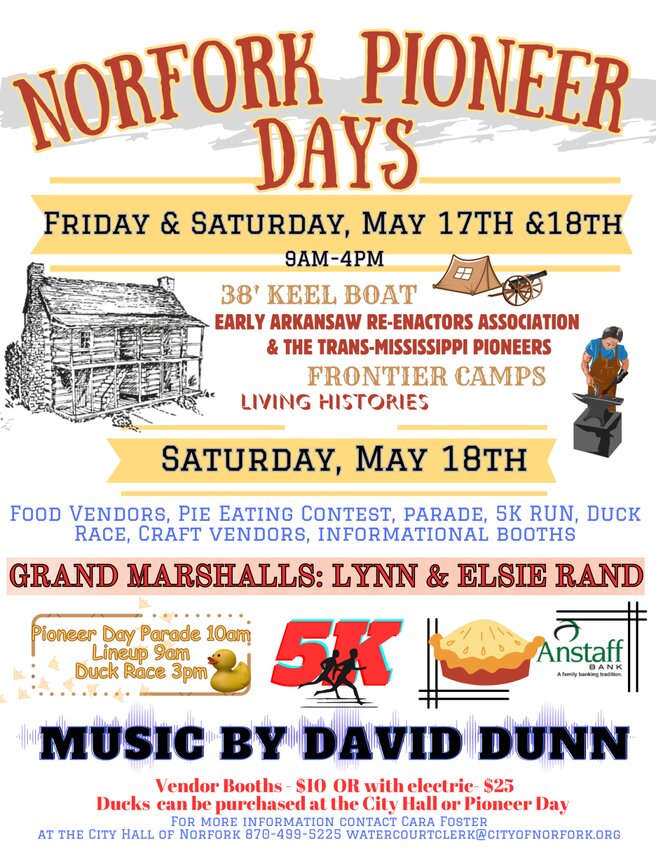 It is once again time for the City of Norfork&rsquo;s annual small town springtime celebration &ndash; Norfork Pioneer Days! A rain or shine event, this year&rsquo;s Pioneer Days in Norfork will be held Friday, May 17, and Saturday, May 18.   Submitted Photo