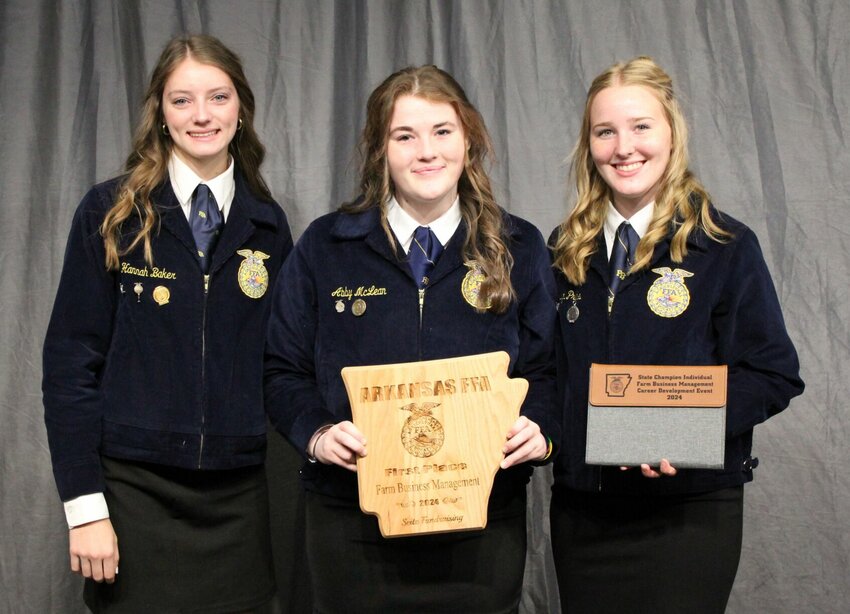 Hannah Baker (from left)&nbsp;Abby McLean and&nbsp;Devyn Prins are shown with awards for winning the&nbsp;Farm and Agribusiness Management Career Development Event at state convention. Baker also was awarded the prestigious&nbsp;&nbsp;2024 STAR Over Arkansas Agriscience Award.   Submitted Photo