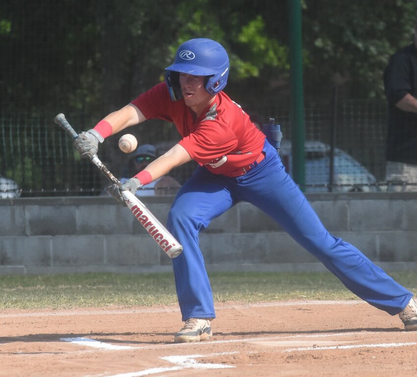 MacLeod's Will Morris attempts to bunt during the team's 12-2 win over West Plains on Thursday at Cooper Park.