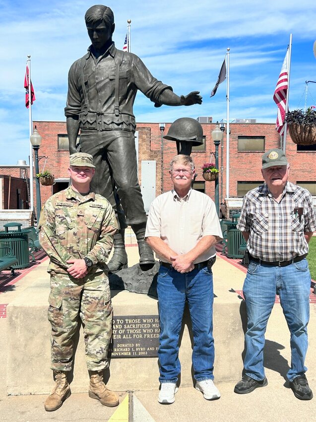 Pictured are three of the four generations of the Crow family who have served in the U. S. Army. Shown are Pvt. Levi Scheuerman (from left), retired Master Sgt. E-8 Danny Crow and retired Sgt. 1st Class E-7 Vernon Crow.   Caroline Spears/The Baxter Bulletin