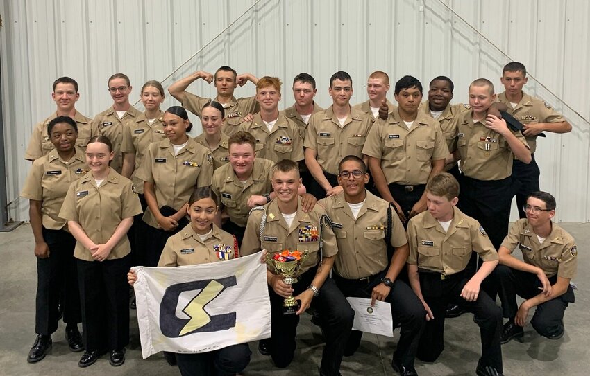 Mountain Home Navy Junior ROTC Charlie Company&nbsp;after winning the coveted Champion's Cup at the recent Leadership Academy at Camp Clark in Nevada, Missouri. The group is led by&nbsp;Mountain Home Naval Science Instructor Chief Jason Williams.   Submitted Photo